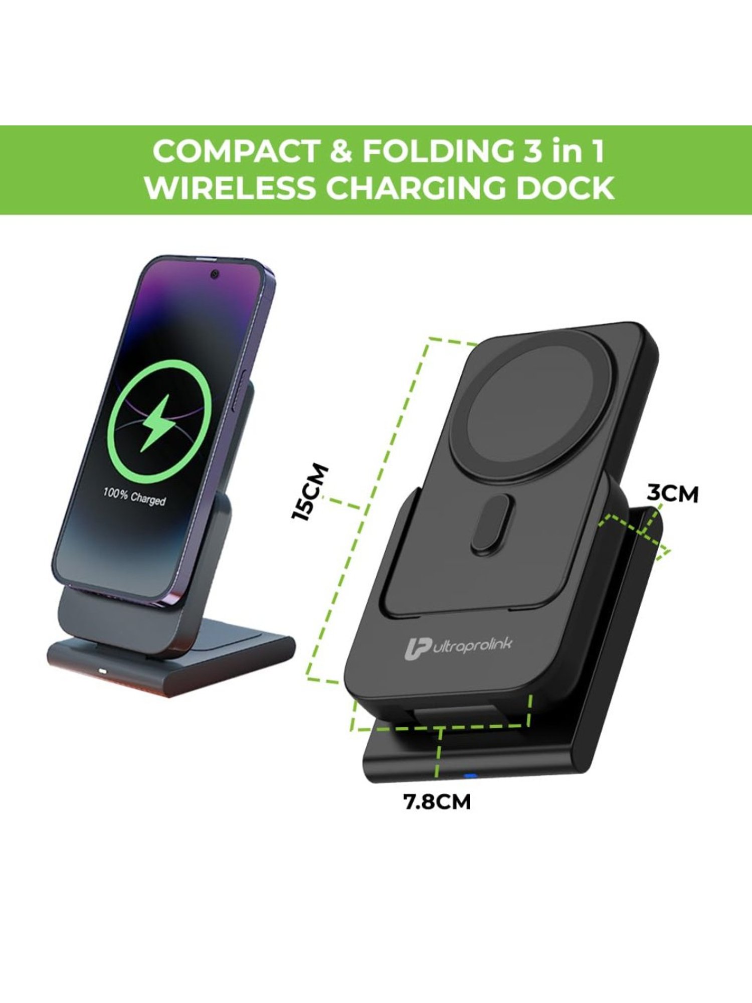 ULTRAPROLINK UM1006GO 3in1 Folding 20W Magnetic Power Bank for iWatch, Airpods &  Earbuds (Black)