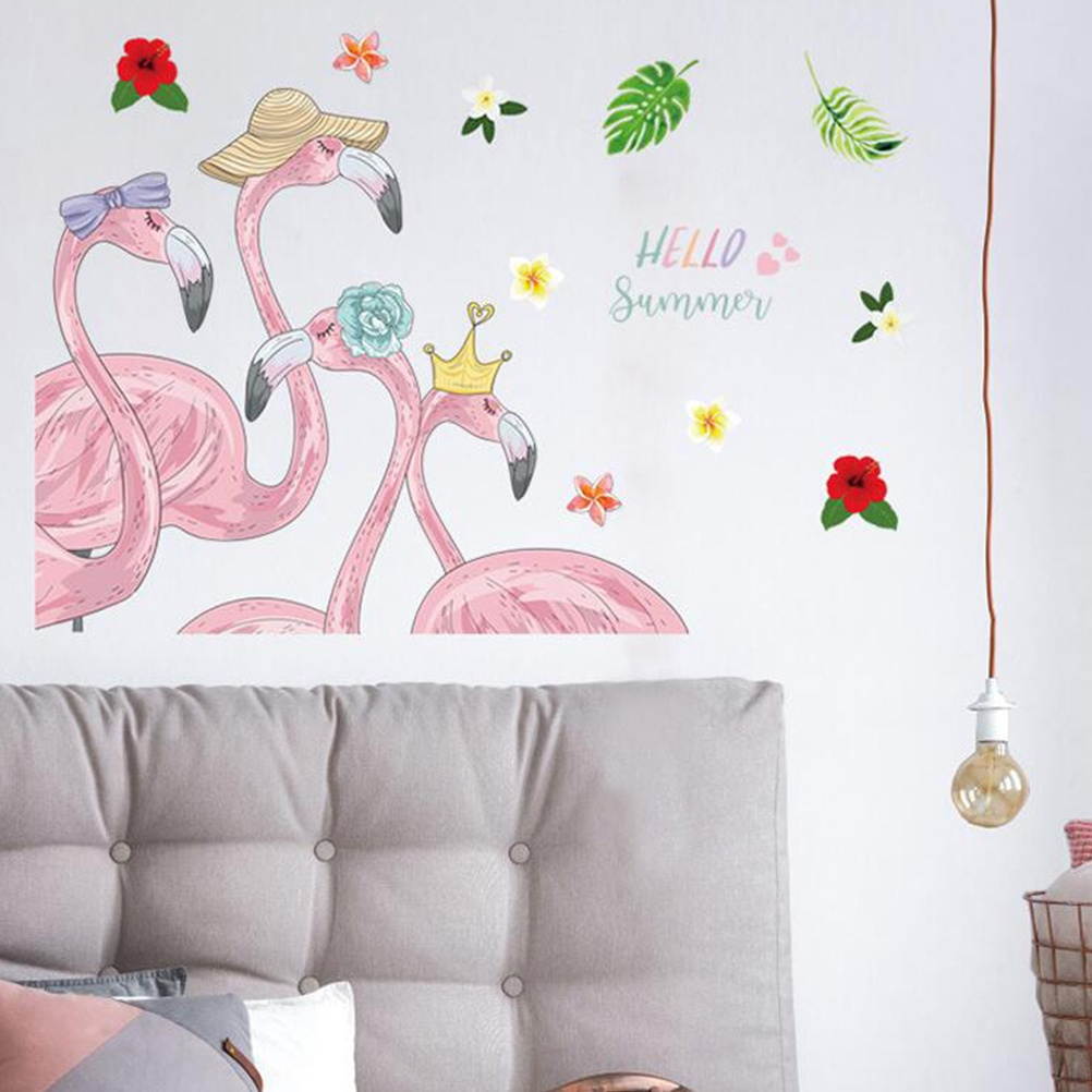 Fashion Hello Summer Pink Flamingos Wall Decals Wall Stickers Decorations for Home Office