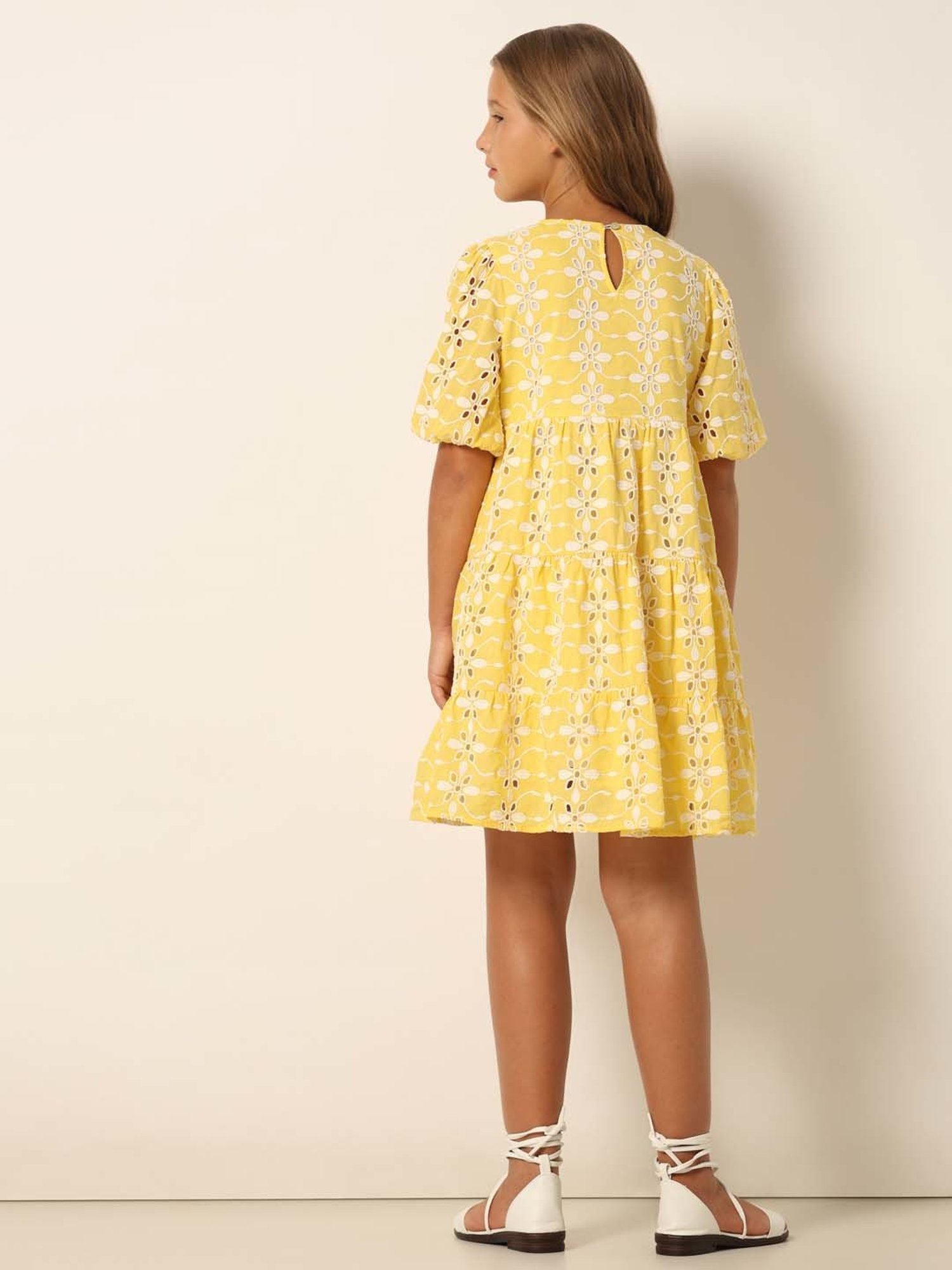 VERO MODA GIRL Yellow & White Cotton Embroidered Dress