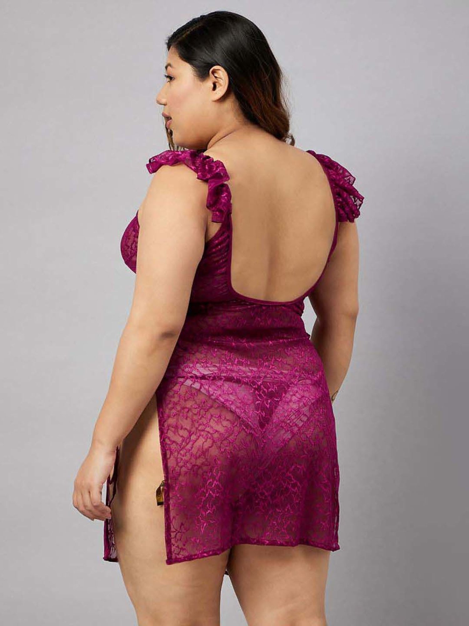 Secrets By ZeroKaata Purple & Black Lace Work Babydoll With Panty - Pack Of 2