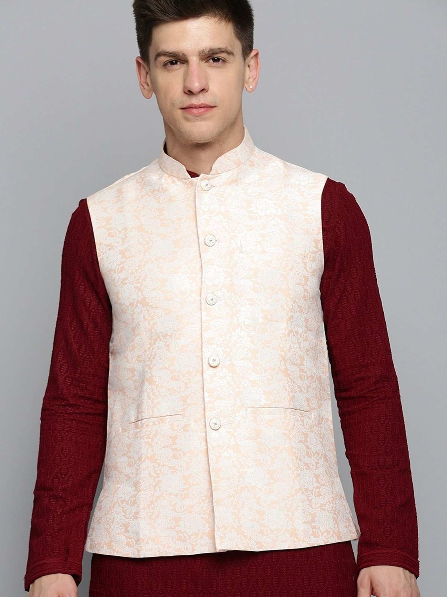 Showoff Peach Regular Fit Printed Nehru Jacket