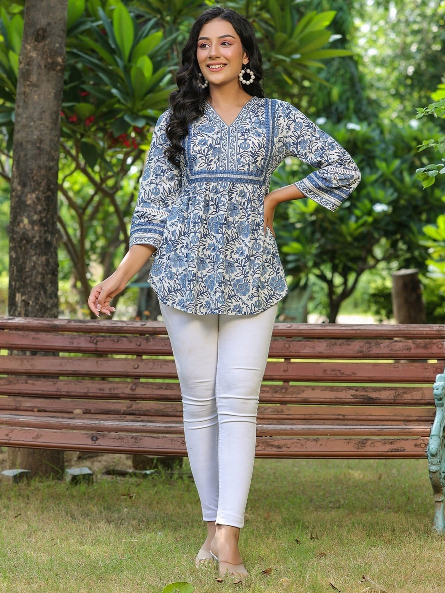 Rain and Rainbow Blue Cotton Floral Print Top