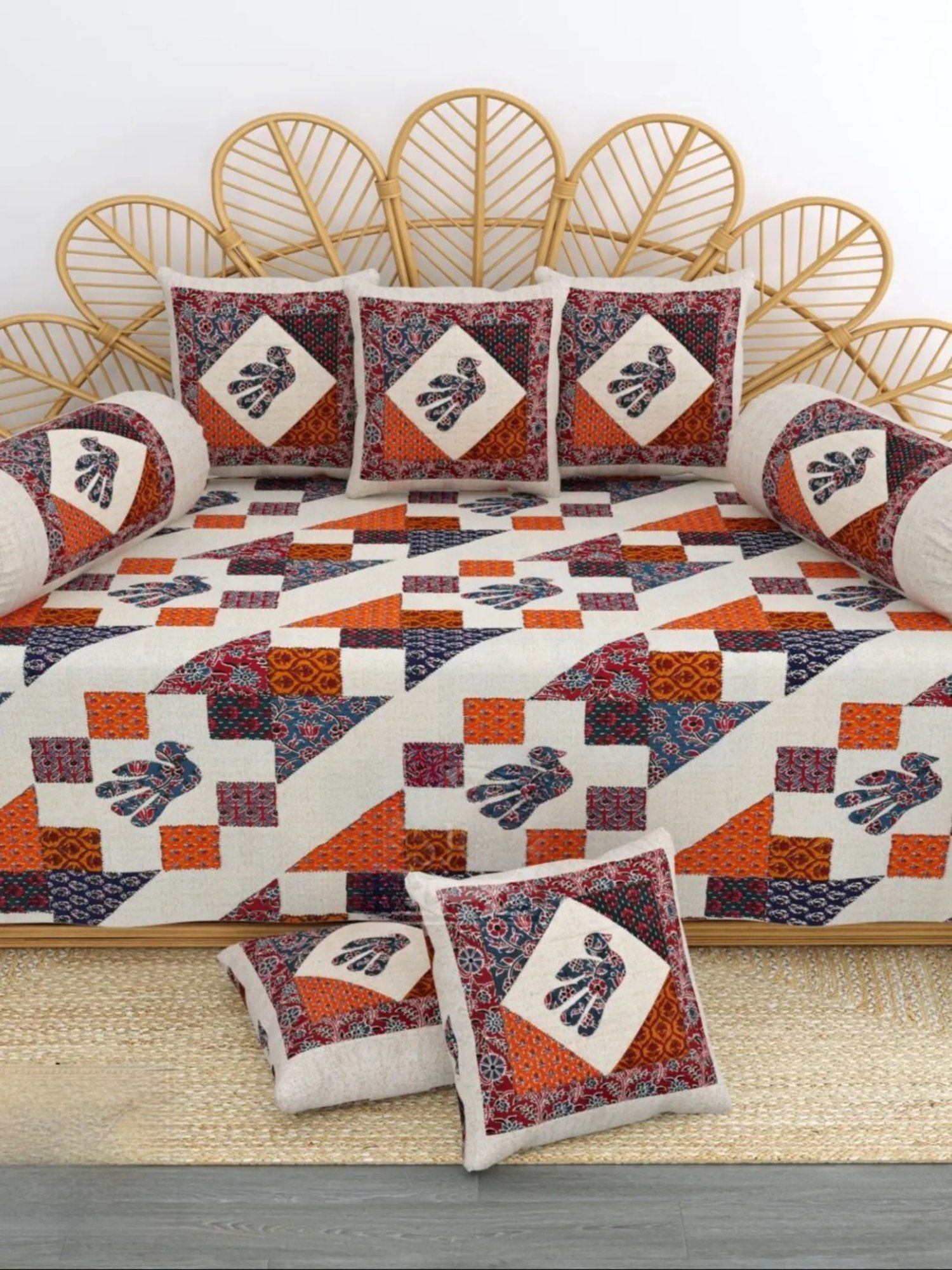 Living Roots Printed Grey 300 TC Cotton Single Diwan - Set of 8