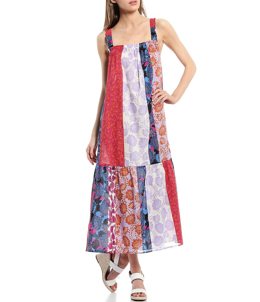 BB Dakota by Steve Madden Away Message Mixed Patchwork Print Square Neck Sleeveless Swing Midi Dress