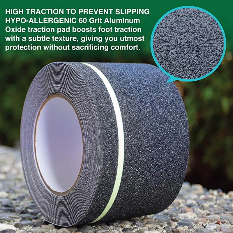 Anti Slip Traction Tape with Glow in Dark Green Stripe 4 Inch x 30 Feet Best Grip Friction Abrasive Adhesive for Stairs Tread Step Indoor and Outdoor Black 4 inch X 30 feet
