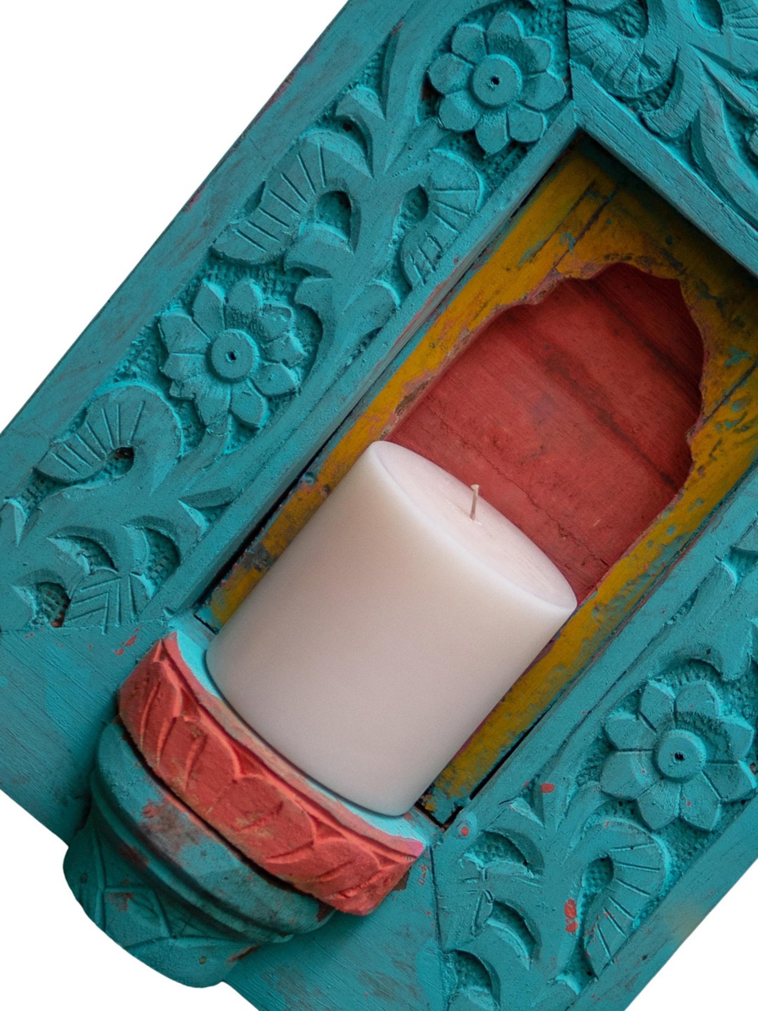 Ambi Wooden Medium Jharoka With Candle Space In Cyan