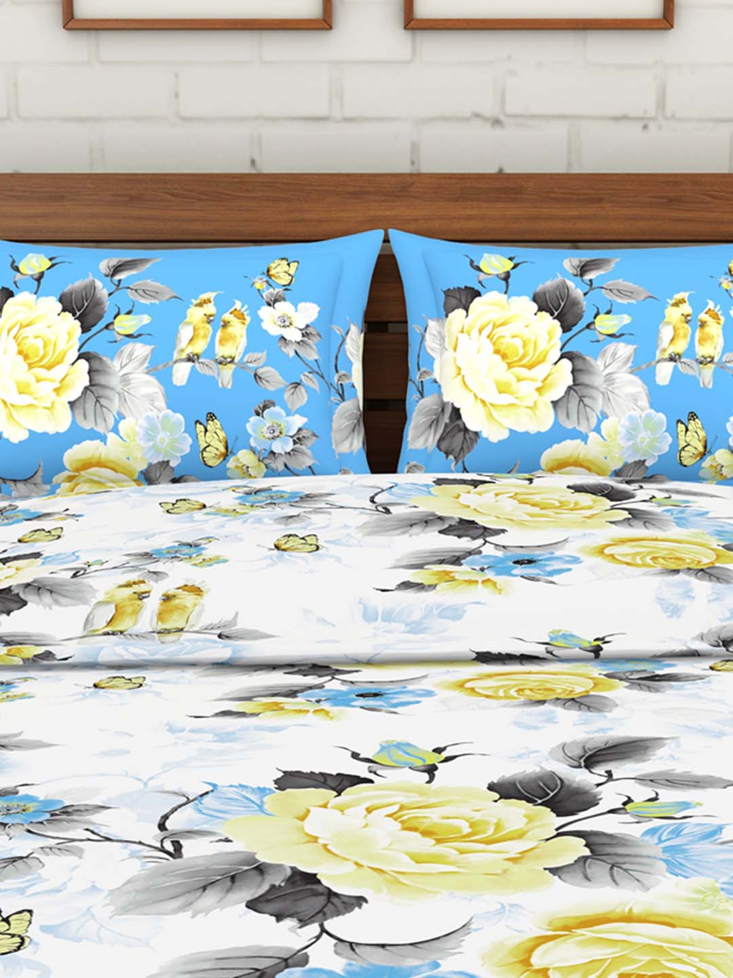 Spaces Celebrations White & Blue Cotton 144 TC Bed Linen Set