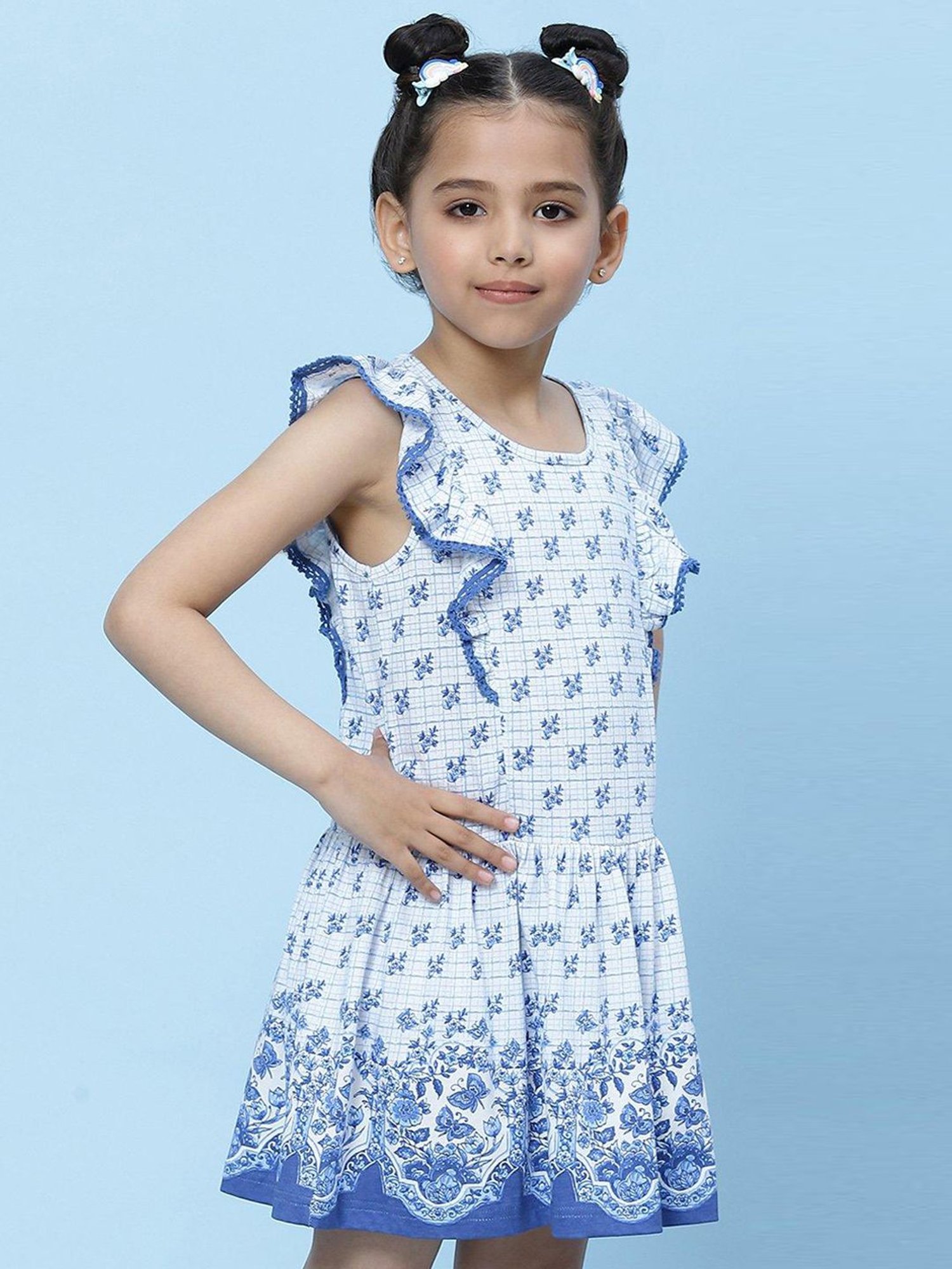 BIBA Girls White Cotton Printed Dress