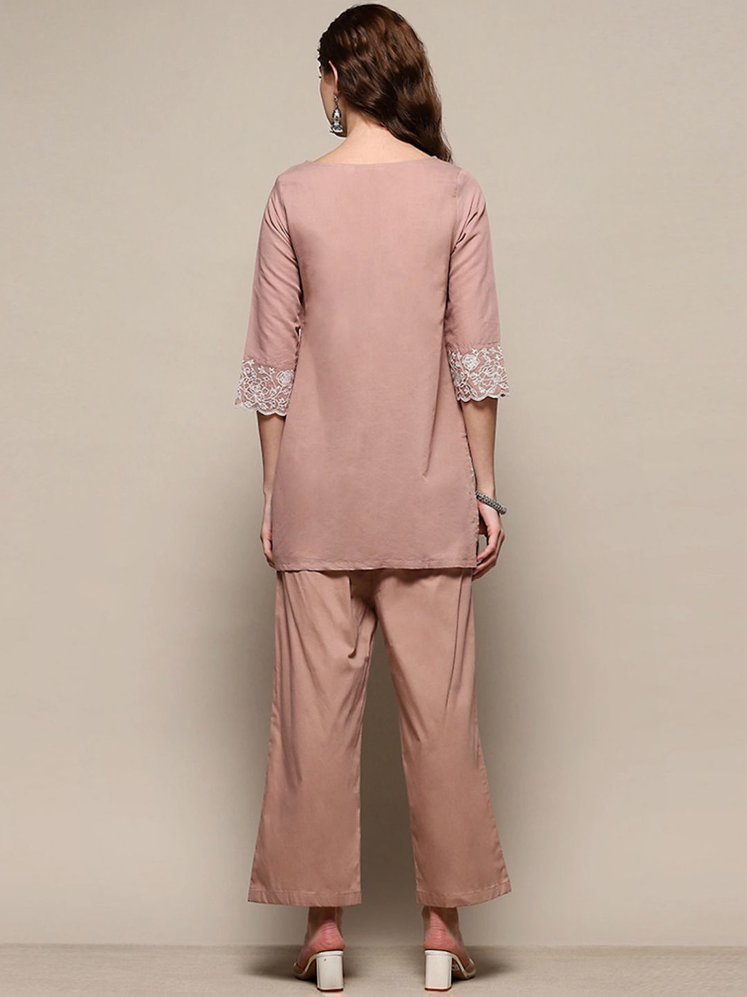 Biba Beige Embroidered Kurti Palazzo Set