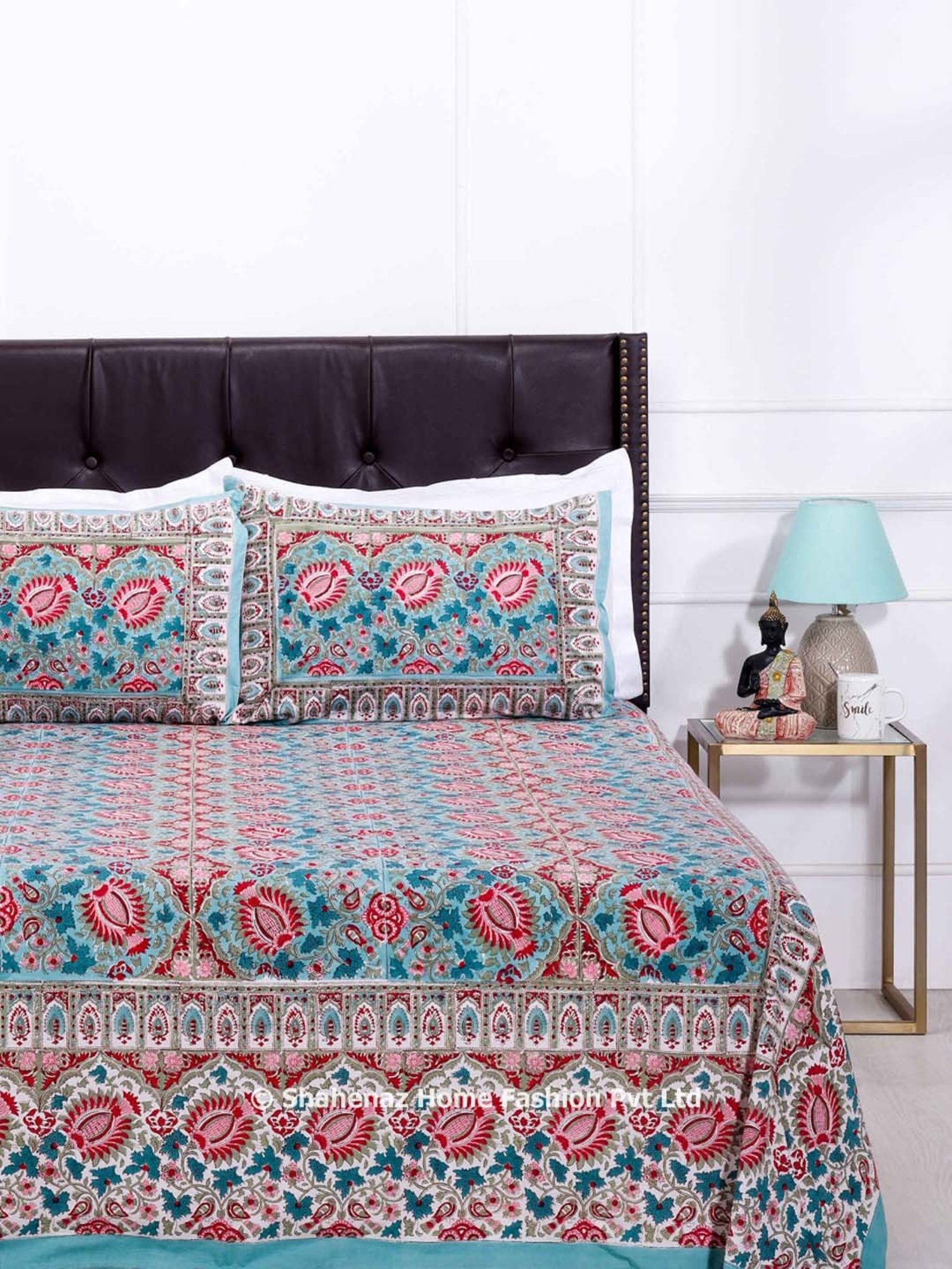 Shahenaz Blue & Pink 120 TC Cotton Camerina Single Bedsheet with 1 Pillow Cover