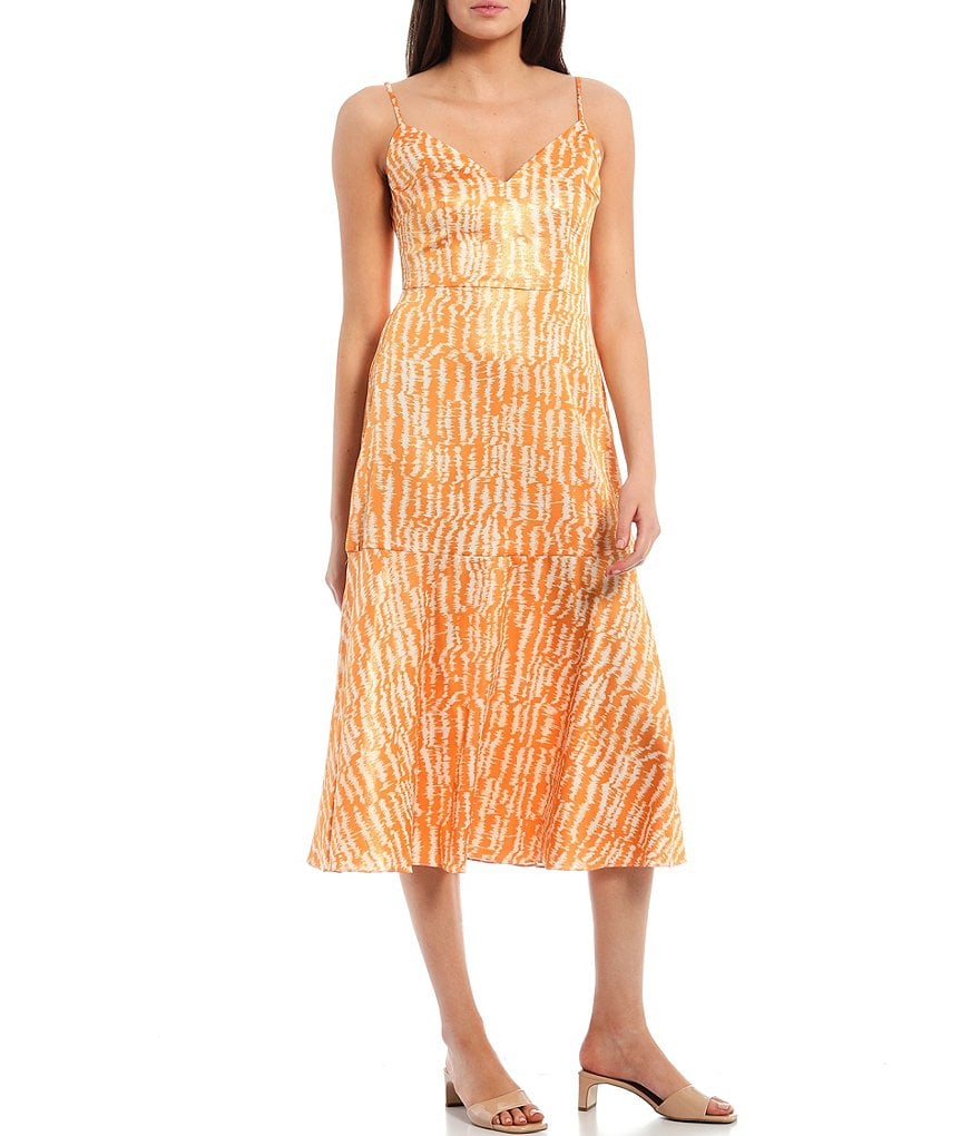 Aidan Aidan Mattox Satin V-Neck Sleeveless Animal Print Midi Dress