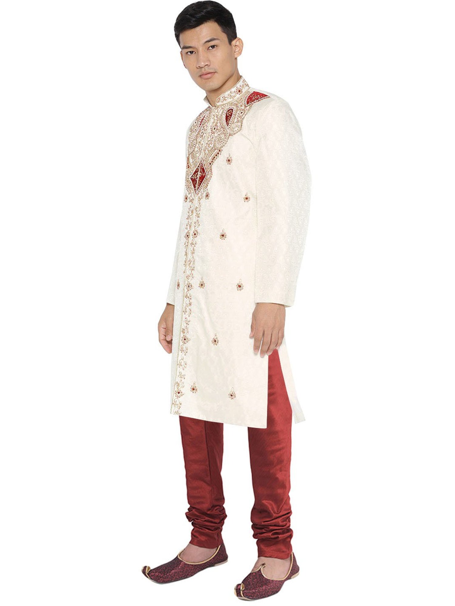SG LEMAN Cream Regular Fit Embellished Sherwani Set