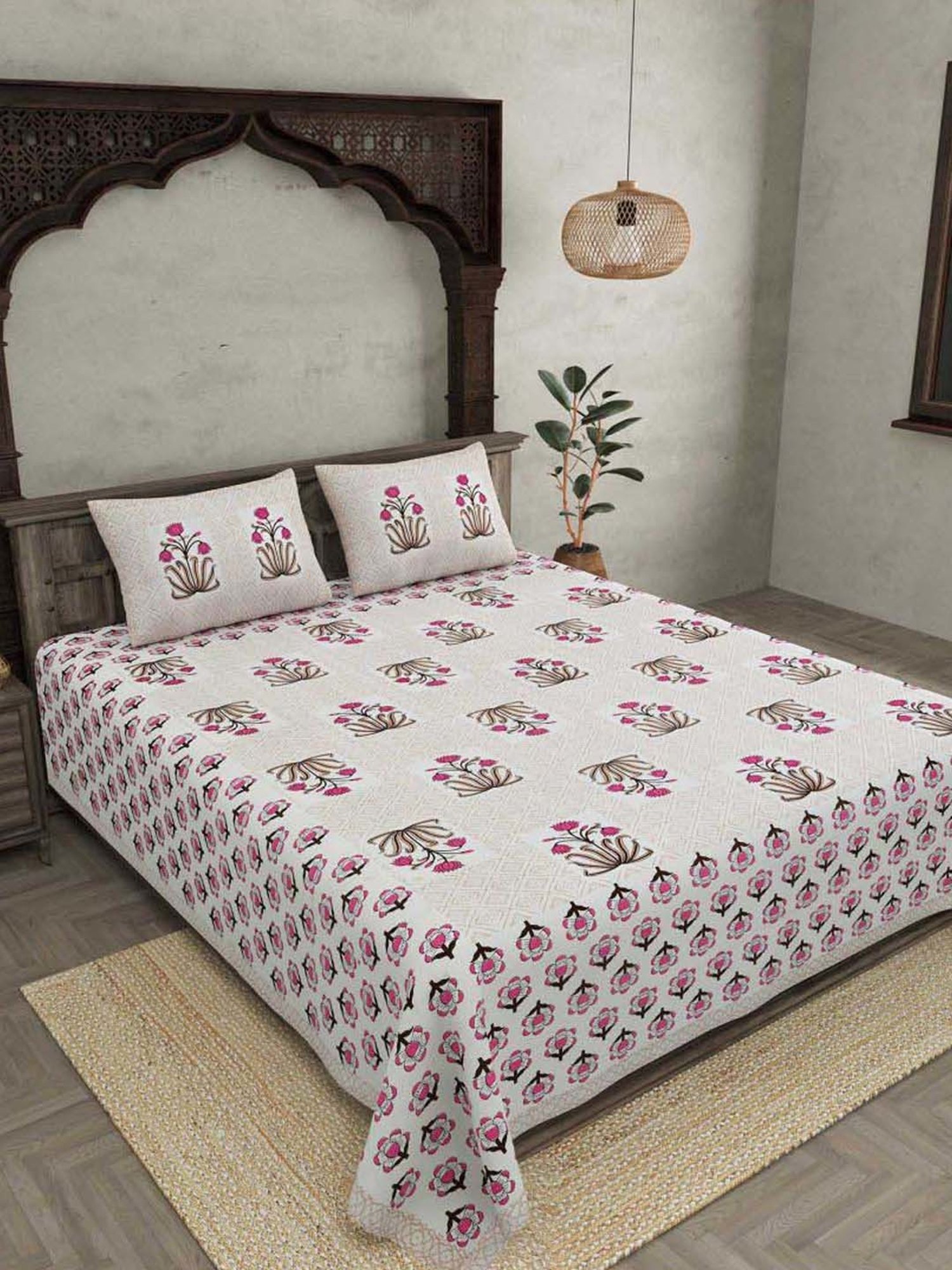 JaipurFabric Pink Cotton 180 TC Double Bedsheet with 2 Pillow Covers