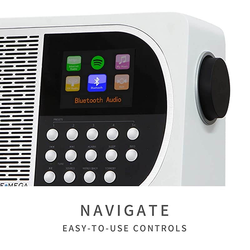 M2+ Smart Internet Radio,Table Radio,FM Radio,Bluetooth,WiFi,Spotify Connect,Wooden Box,Headphones-Out,AUX-in,USB MP3, Alarms& Clock,Kitchen/Sleep/Snooze Timer,20 Stations Presets-White Satin