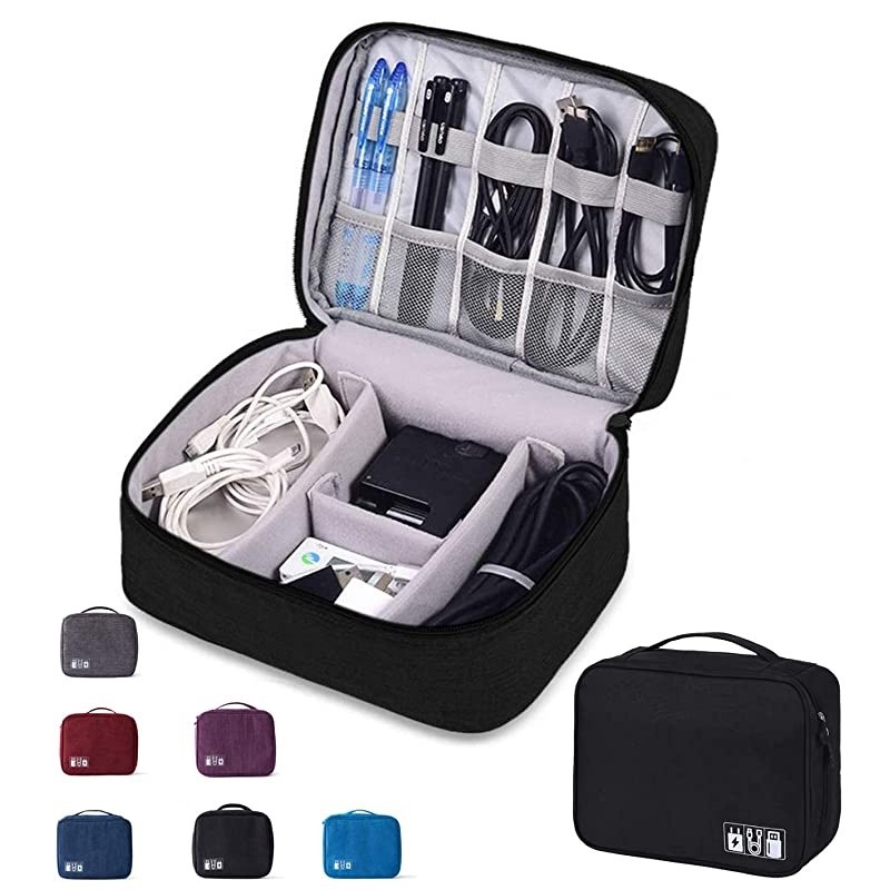 Organizer, Electronic Accessories Double Layer Travel Cable Organizer Cord Storage Bag for Cables, iPad (Up to 9.7''), Charger, Phone, USB, SD Card(Black)
