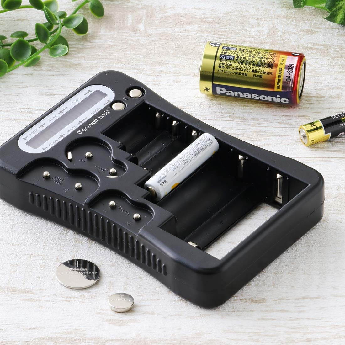 Enevolt-Basic Universal Battery Tester with Display for AA AAA C D N 9V CR123A CR2 3V 1.5V 2CR5 CR-P2 CR-V3 Button Cell Batteries, Compact Battery Checker - Black