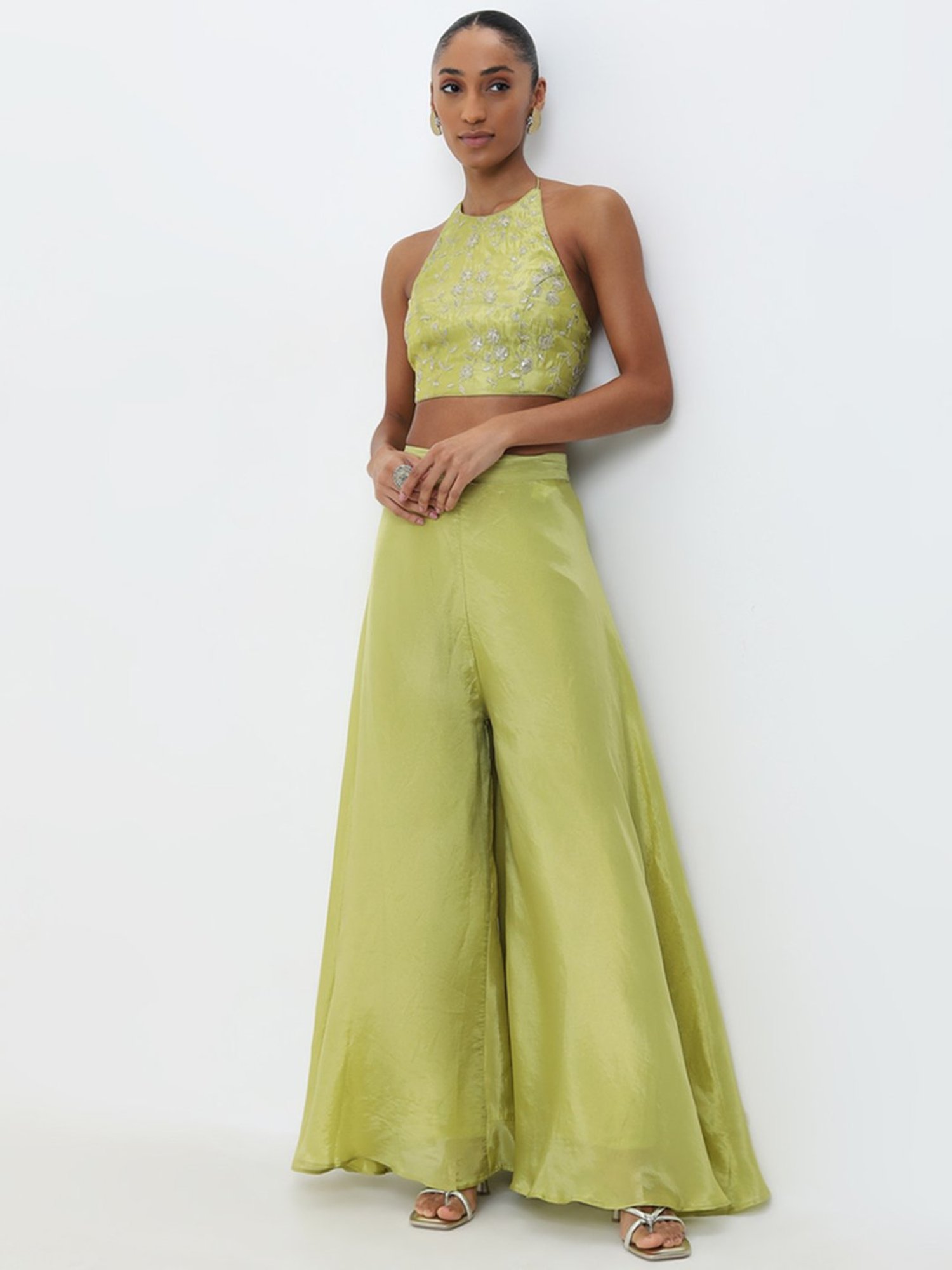 Vark by Westside Lime Floral Embellished Top and Palazzos Set