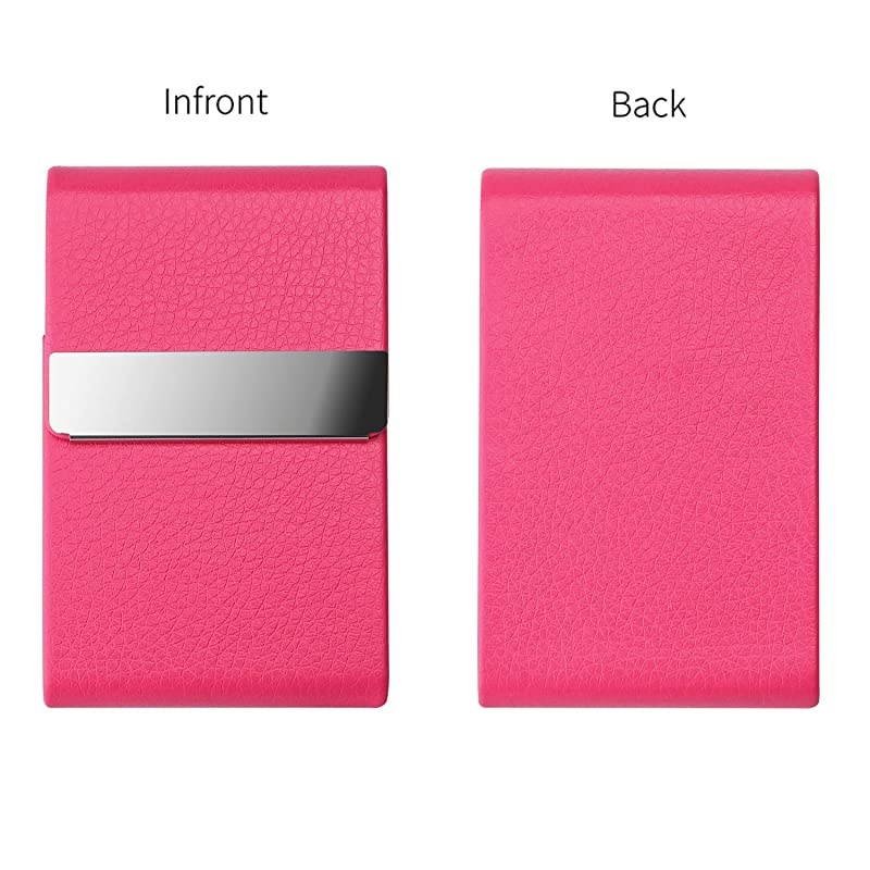 Leather Business Card Holder for Women Leather Stainless Steel Business Card Case with Magnetic Shut Rose Red