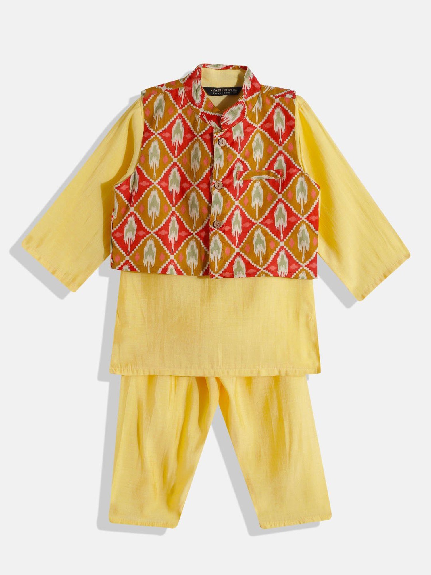 READIPRINT FASHIONS Kids Yellow & Red Printed Full Sleeves Kurta, Nehru Jacket with Pyjamas