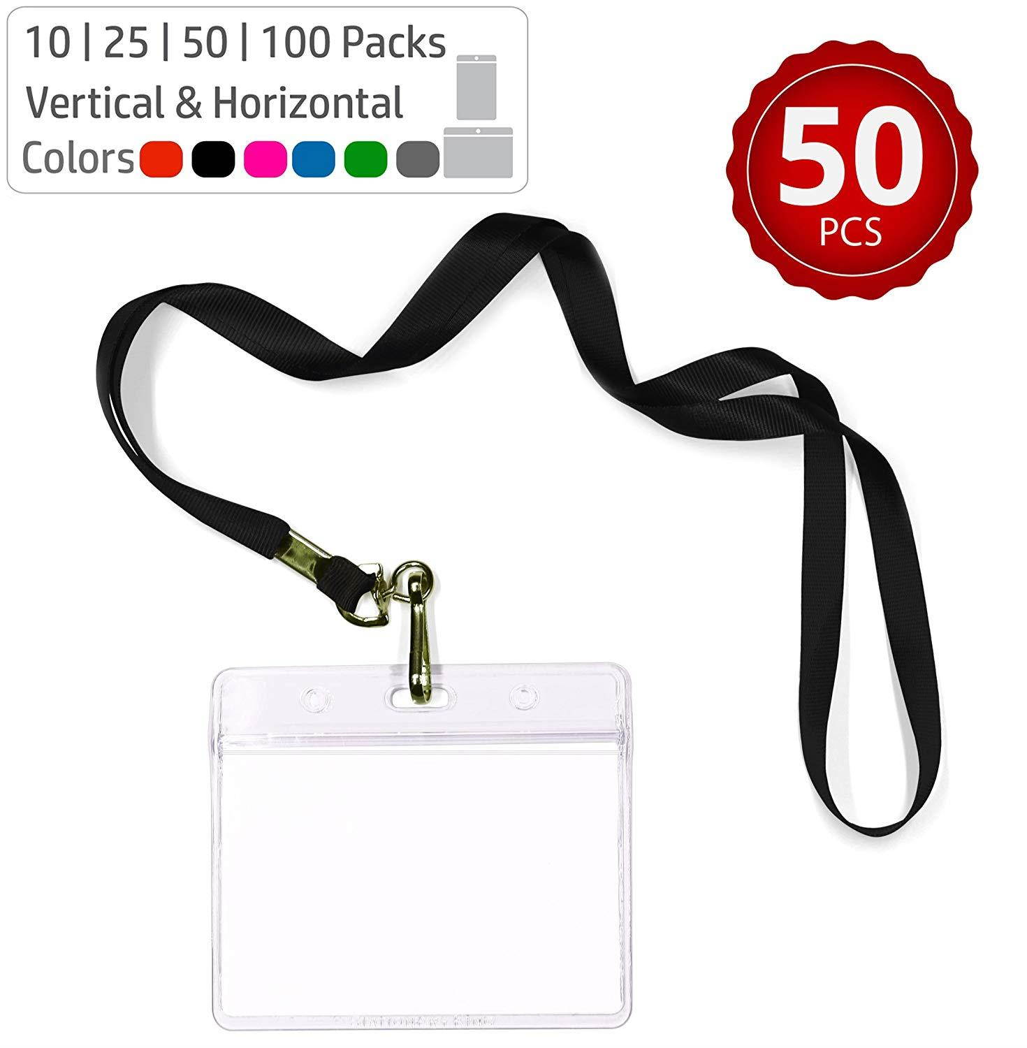 Durably Woven Lanyards & Horizontal ID Badge Holders ~Premium Quality, Waterproof & Dustproof ~ for Moms, Teachers, Tours, Events, Businesses, Cruises & More (50 Pack, Black) by Stationery King