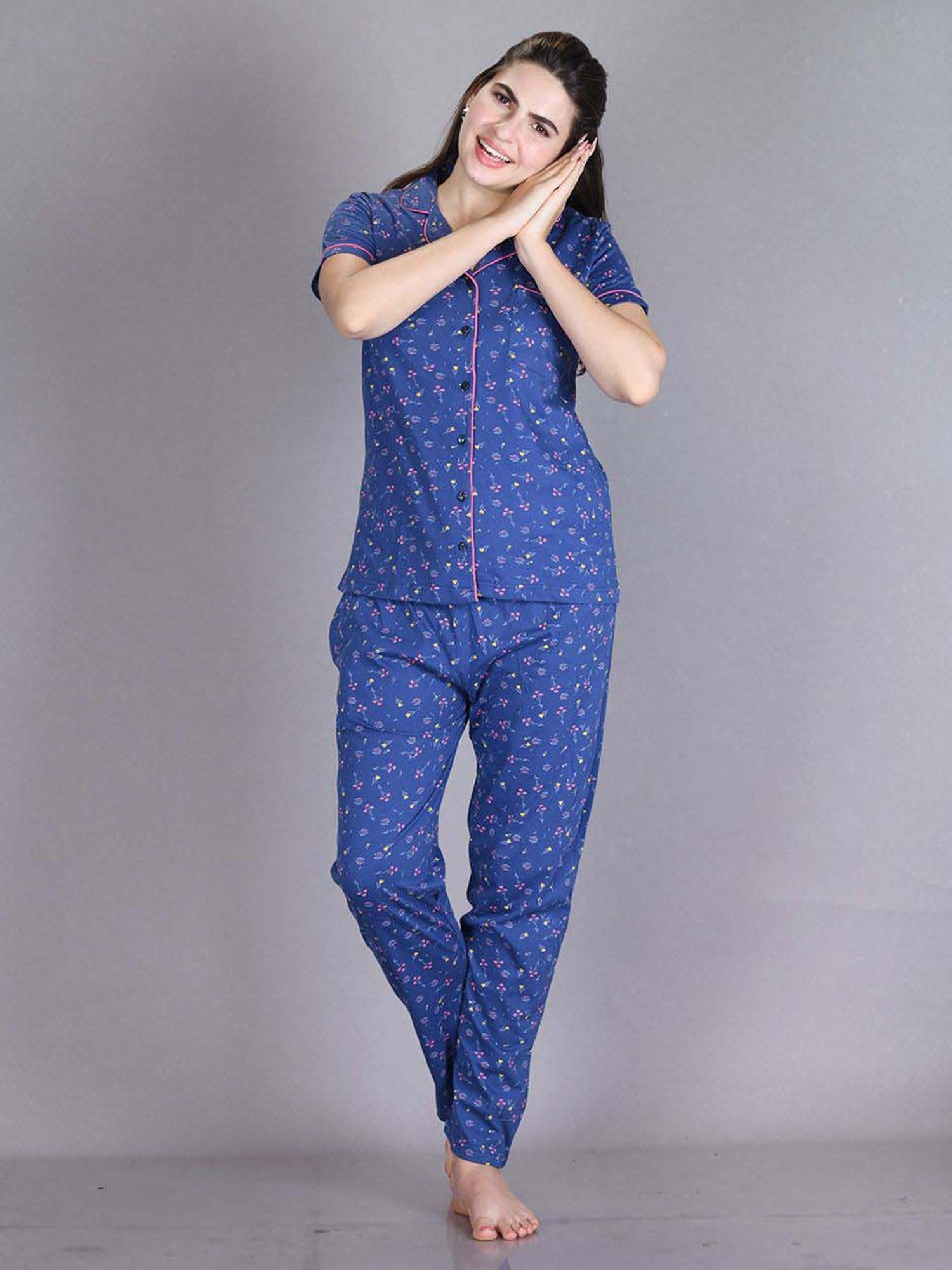 Lyra Indigo Blue Cotton Printed Shirt Pyjama Set