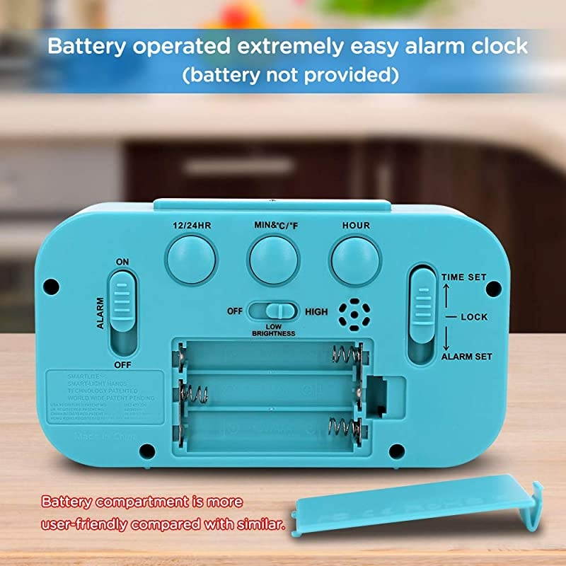 Smart Night Light Digital Alarm Clock with Indoor Temperature, Battery Operated Desk Small Clock (Blue)