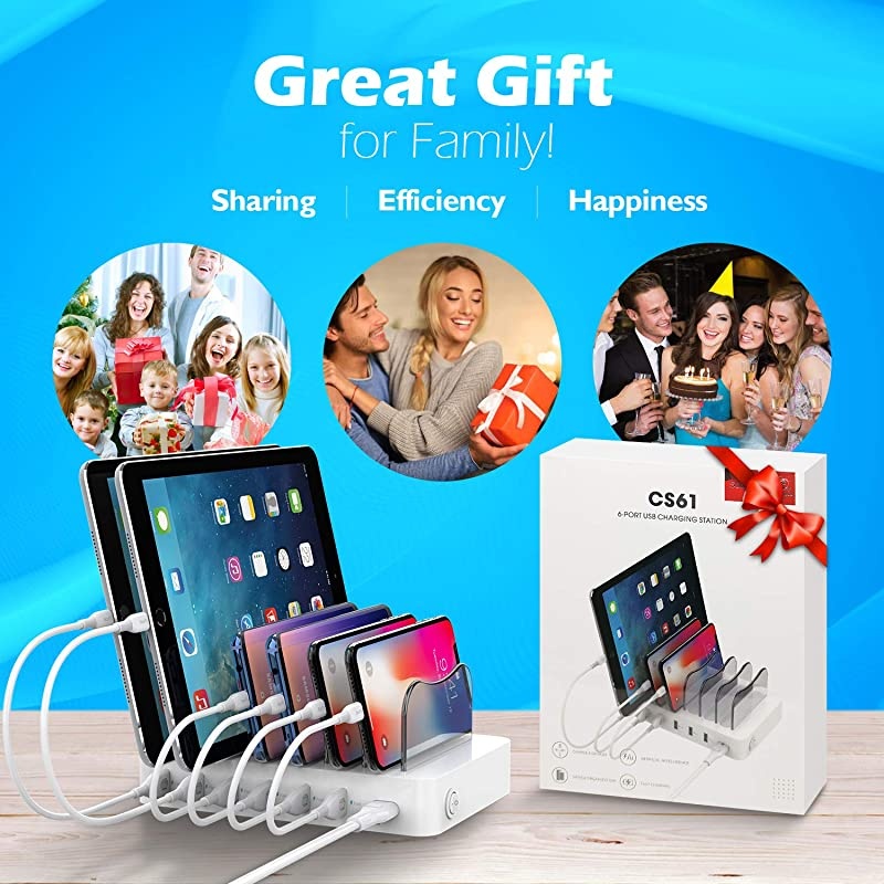 Premium 6-Port USB Charging Station Organizer for Multiple Devices, 6 Short Charging Cables Included, for Phones, Tablets, and Other Electronics, White