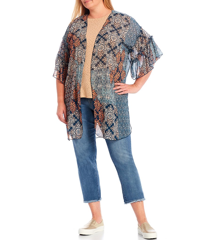 Democracy Plus Size Geometric Patchwork Print 3/4 Ruffle Sleeve Open-Front Kimono