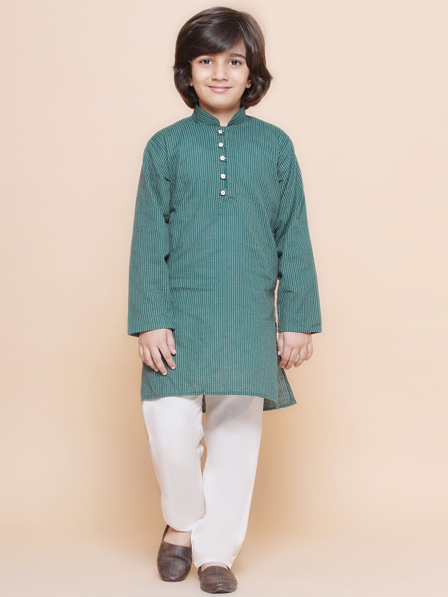 VASTRAMAY Boys Yellow & White Cotton Printed Full Sleeves Kurta Sets