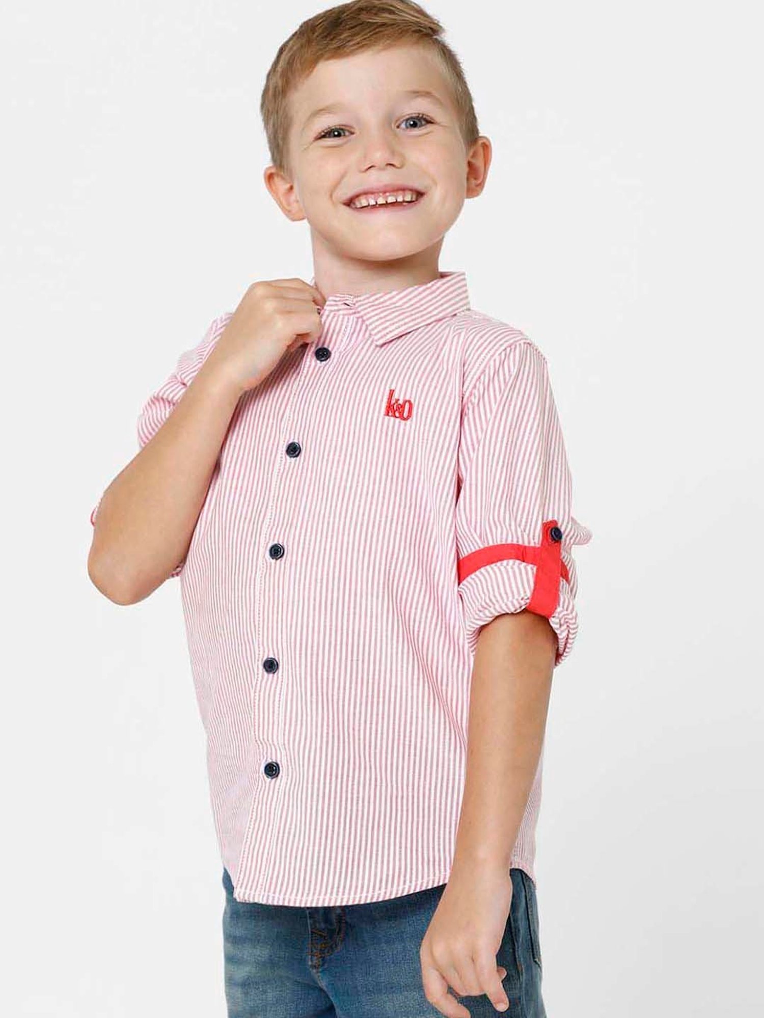 Kate & Oscar Kids Pink Cotton Striped Full Sleeves Shirt