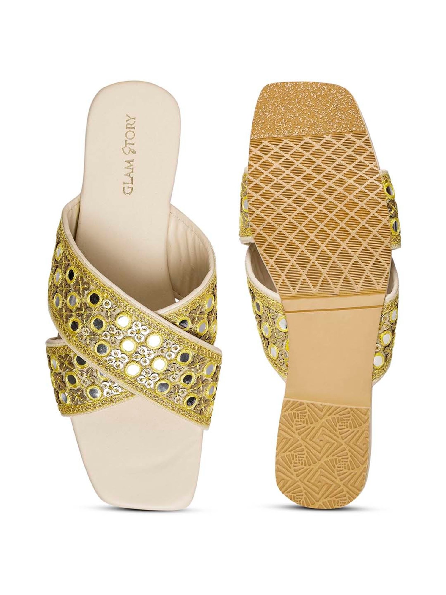 Glam Story Women's Yellow Cross Strap Sandals