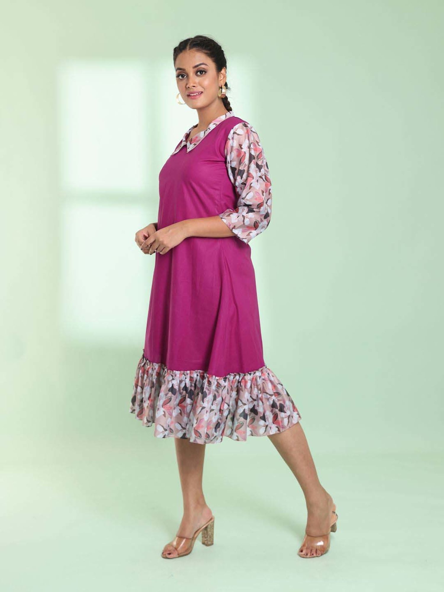CHARUKRITI Purple Cotton Printed A-Line Dress