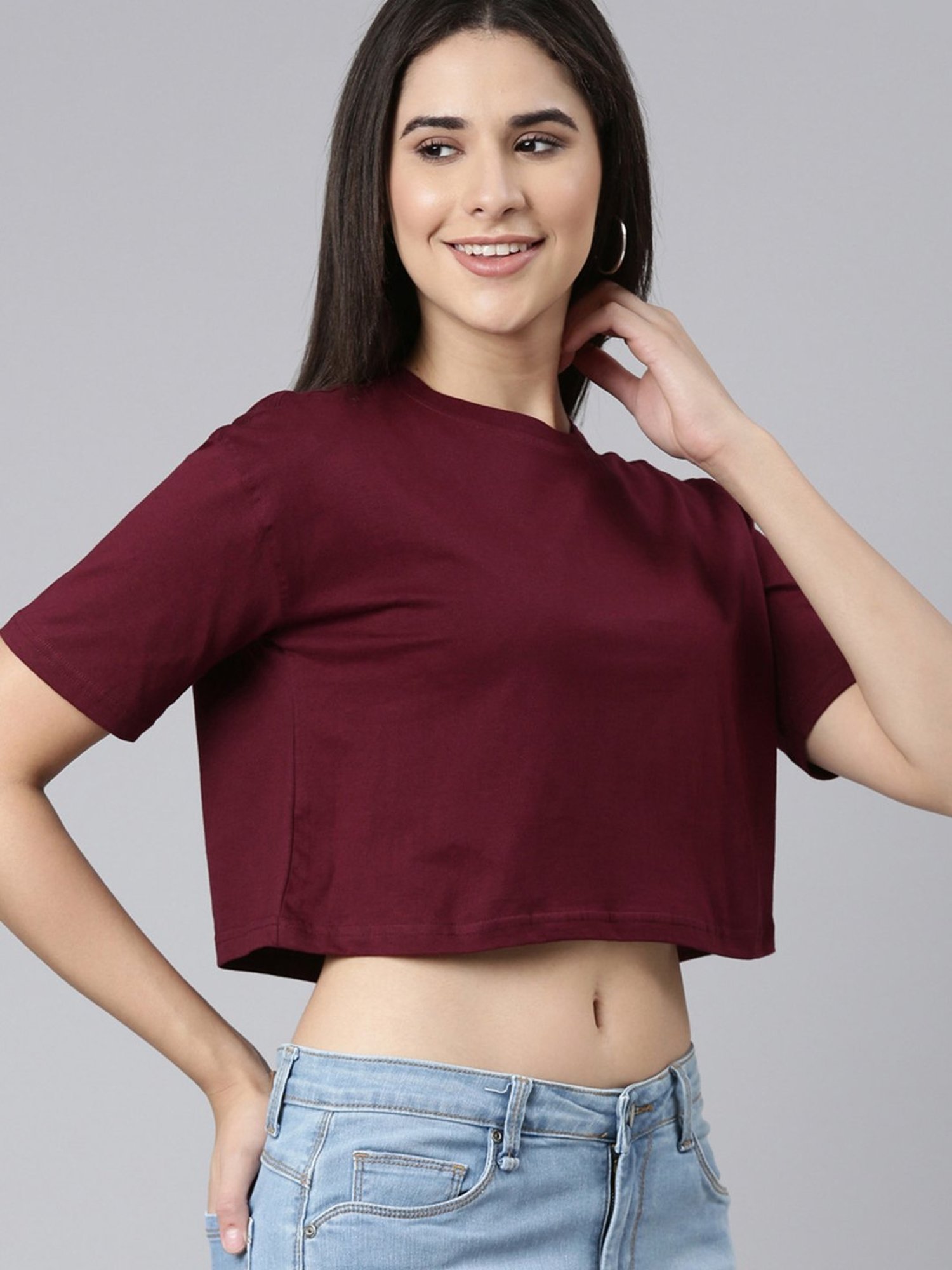 Kryptic Green & Maroon Cotton Relaxed Fit Crop T-Shirt (Pack Of 2)
