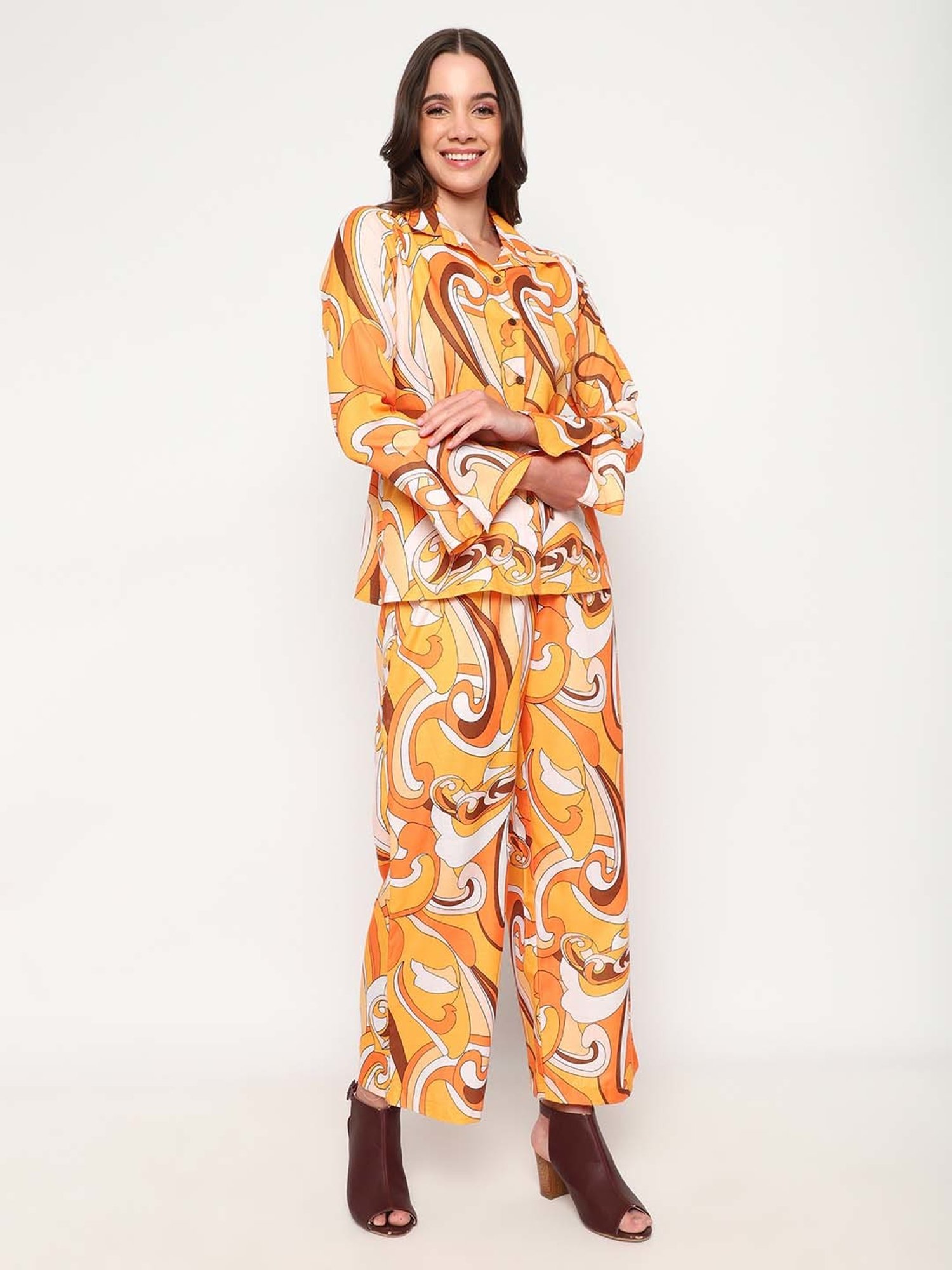 Sringam Yellow Cotton Printed Shirt Pant Set