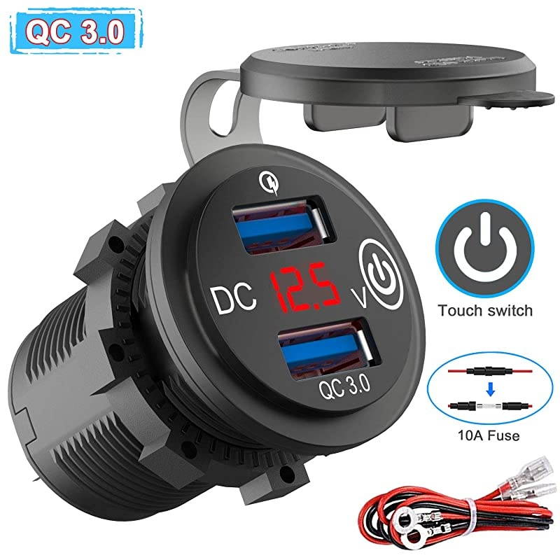 Charge 30 Dual USB Outlet 12V24V USB Car Charger with OnOff Touch Switch and LED Digital Voltmeter Waterproof Car Socket for Car Marine Boat Motorcycle Truck and More
