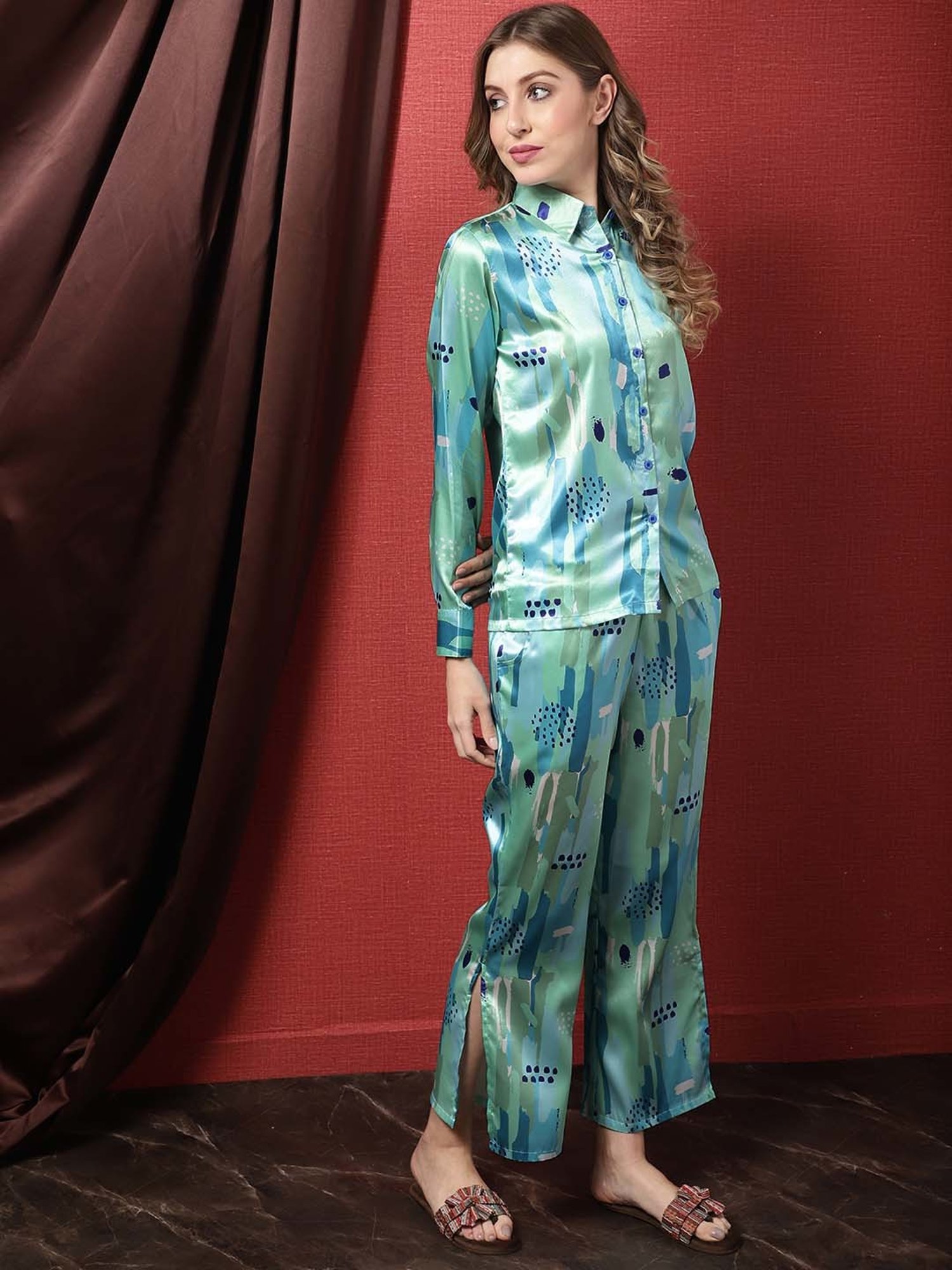 Claura Blue Printed Shirt Pant Set