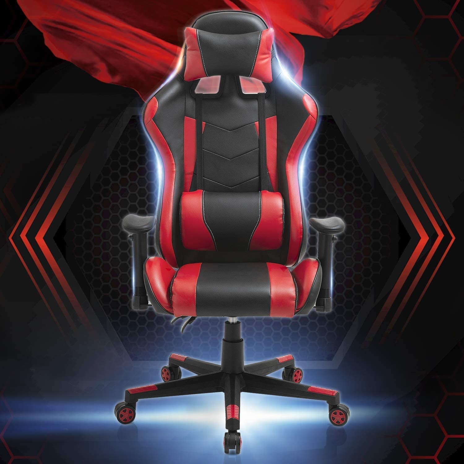 Video Game Chair, Ergonomic Computer Gaming Chair Big and Tall PC Racing Office Chair PU Leather Executive Task Chair Swivel Desk Chair with Adjustable Armrests Headrest and Lumbar Support (Red)