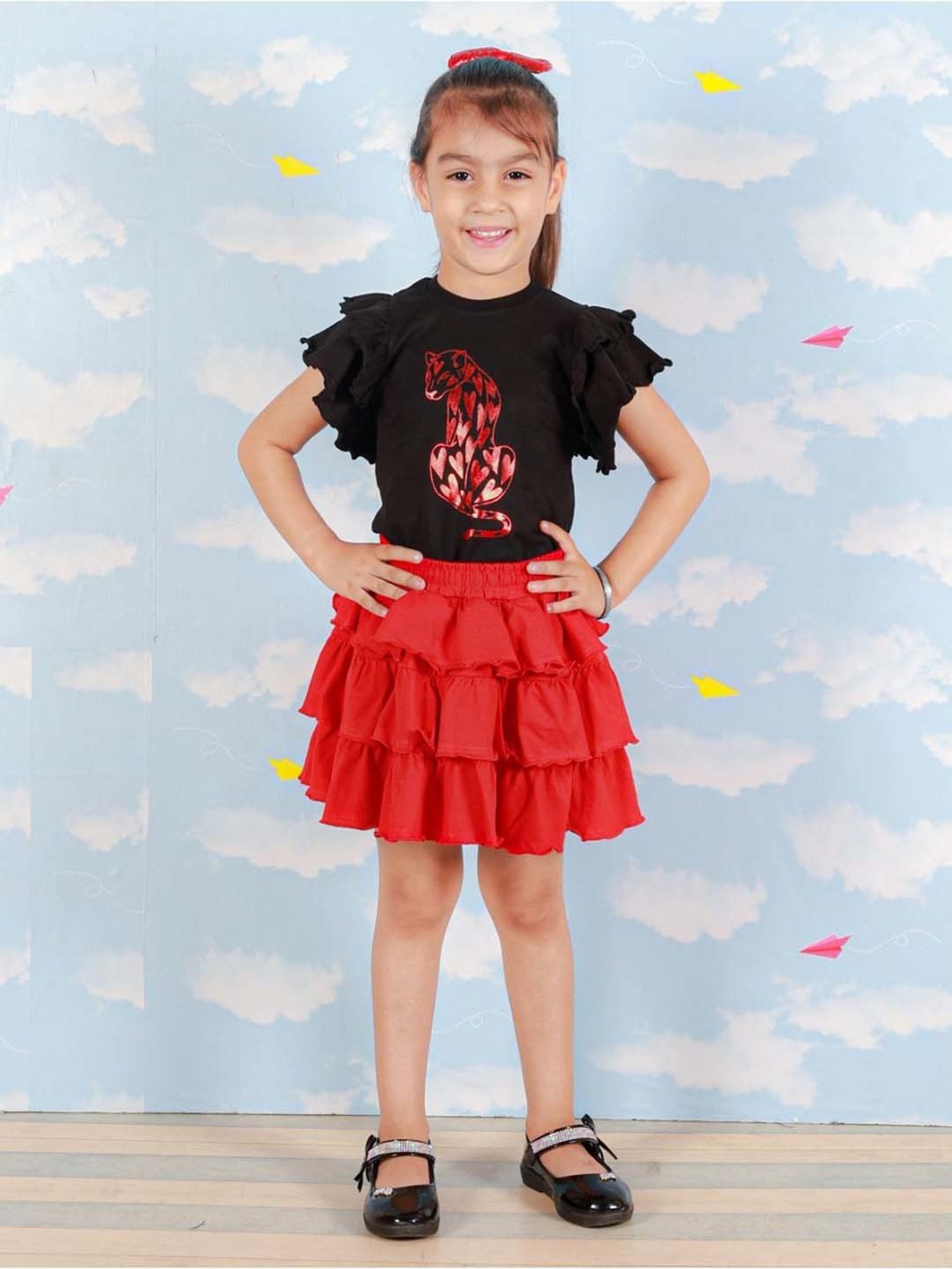 The Mom Store Kids Black & Red Cotton Printed Top Set
