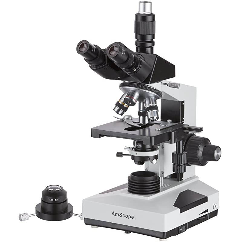 T490B-DK Compound Trinocular Microscope, WF10x and WF20x Eyepieces, 40X-2000X Magnification, Brightfield/Darkfield, Halogen Illumination, Abbe Condenser, Double-Layer Mechanical Stage, Sliding Head,