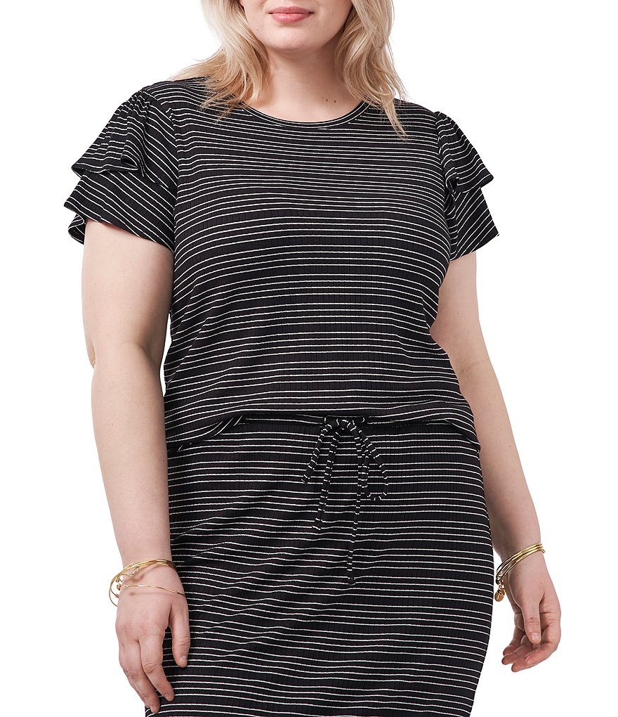 1. STATE Plus Size Striped Crew Neck Tiered Ruffle Short Sleeve Tee