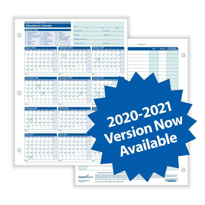 ComplyRight 2020 - 2021 Academic Year Attendance Calendar, White, 8-1/2" x 11" - 50 per Pack
