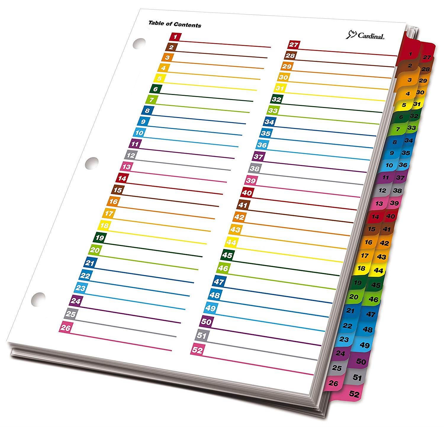 Cardinal by TOPS Products OneStep Printable Table of Contents and Index Dividers, 52-Tab, Numbered, Multi-Color (60990)