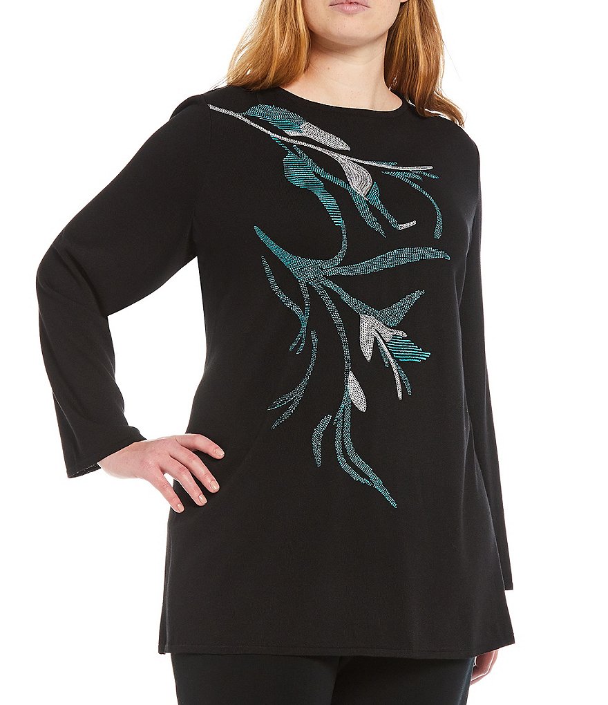 Ming Wang Plus Size Floral Embroidery Long Sleeve Jewel Neck Knit Tunic