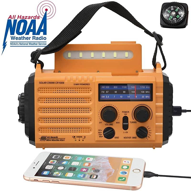 Powered Solar Hand Crank NOAA Weather Alert RadioAMFM Shortwave Survival Portable Outdoor Emergency Radio2000mAh Rechargeable Battery Cellphone USB ChargerLED Camping FlashlightSOSampCompass