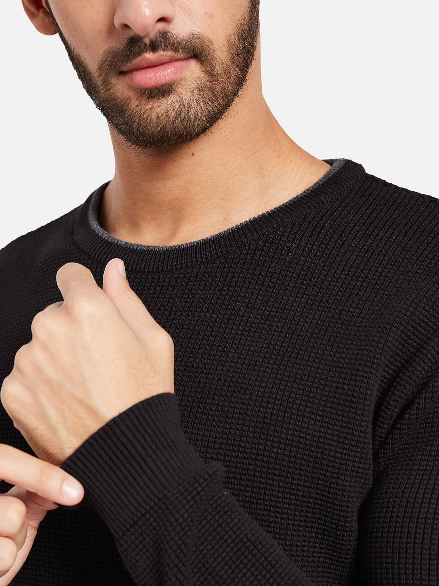 METTLE Black Cotton Regular Fit Sweater