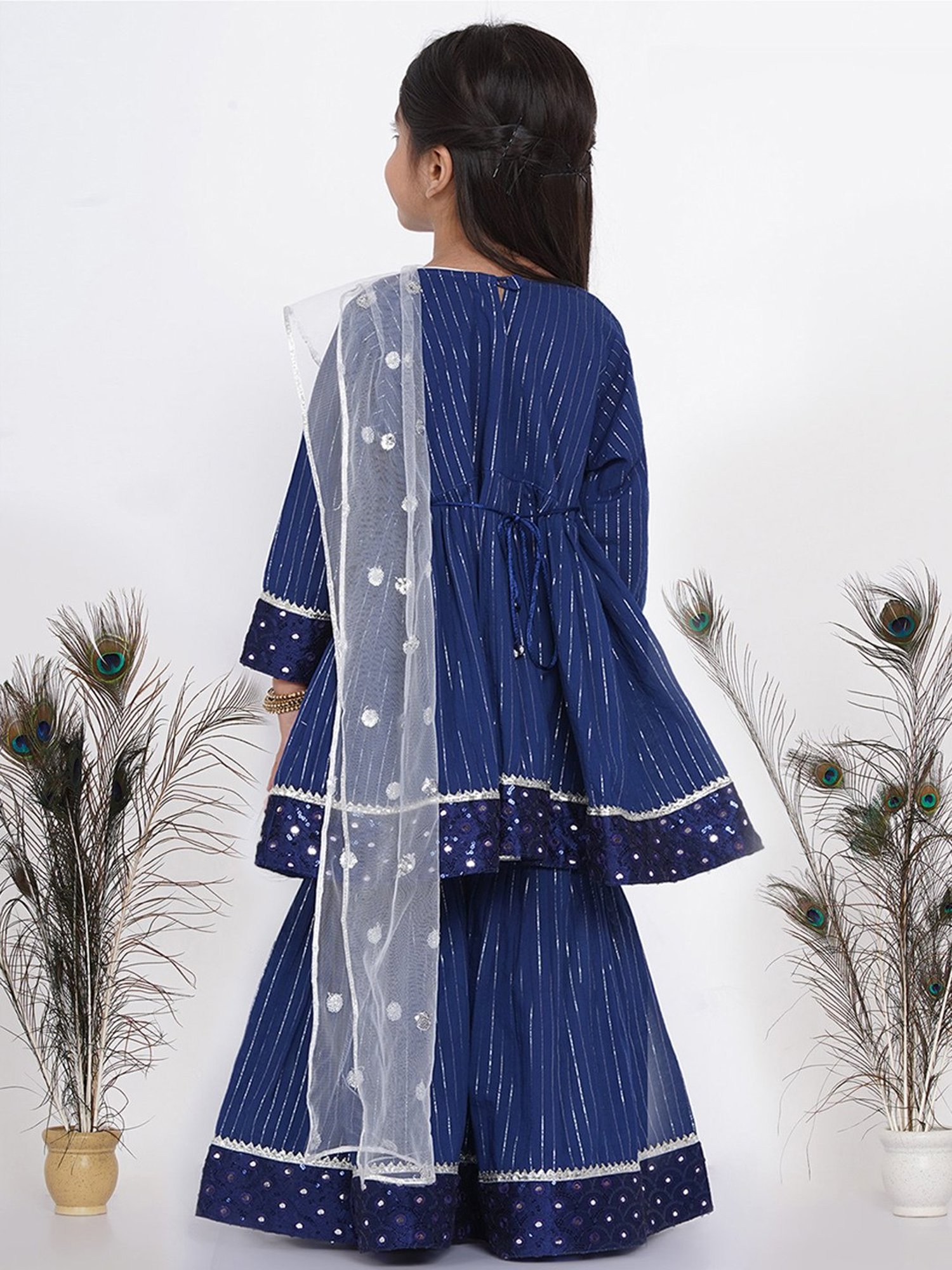 Little Bansi Kids Blue & white Cotton Sequence Full Sleeves Kurta Set