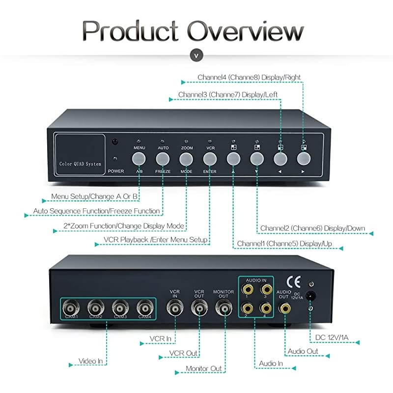 4Ch Realtime Color Video Quad Splitter CCTV Security Mulitplexer Processor OSD Menu with Audio