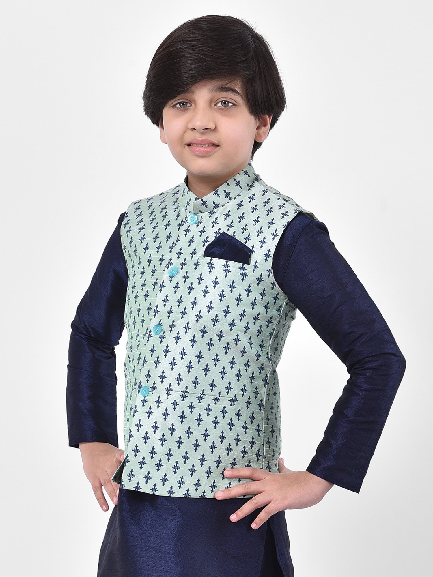 Deyann Kids Blue Printed Nehru Jacket