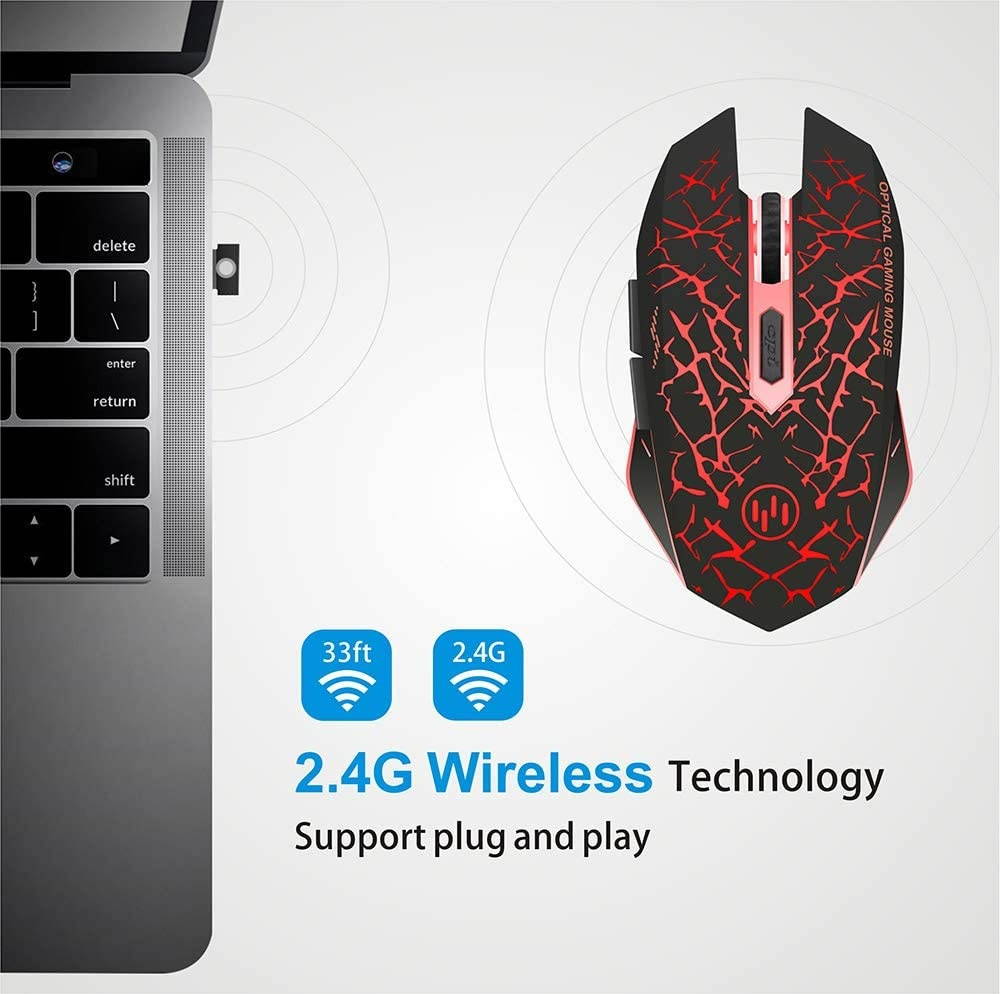 TENMOS K6 Wireless Gaming Mouse Rechargeable Silent LED Optical Computer Mice with USB Receiver 3 Adjustable DPI Level and 6 Buttons Auto Sleeping Compatible Laptop/PC/Notebook (Red Light)