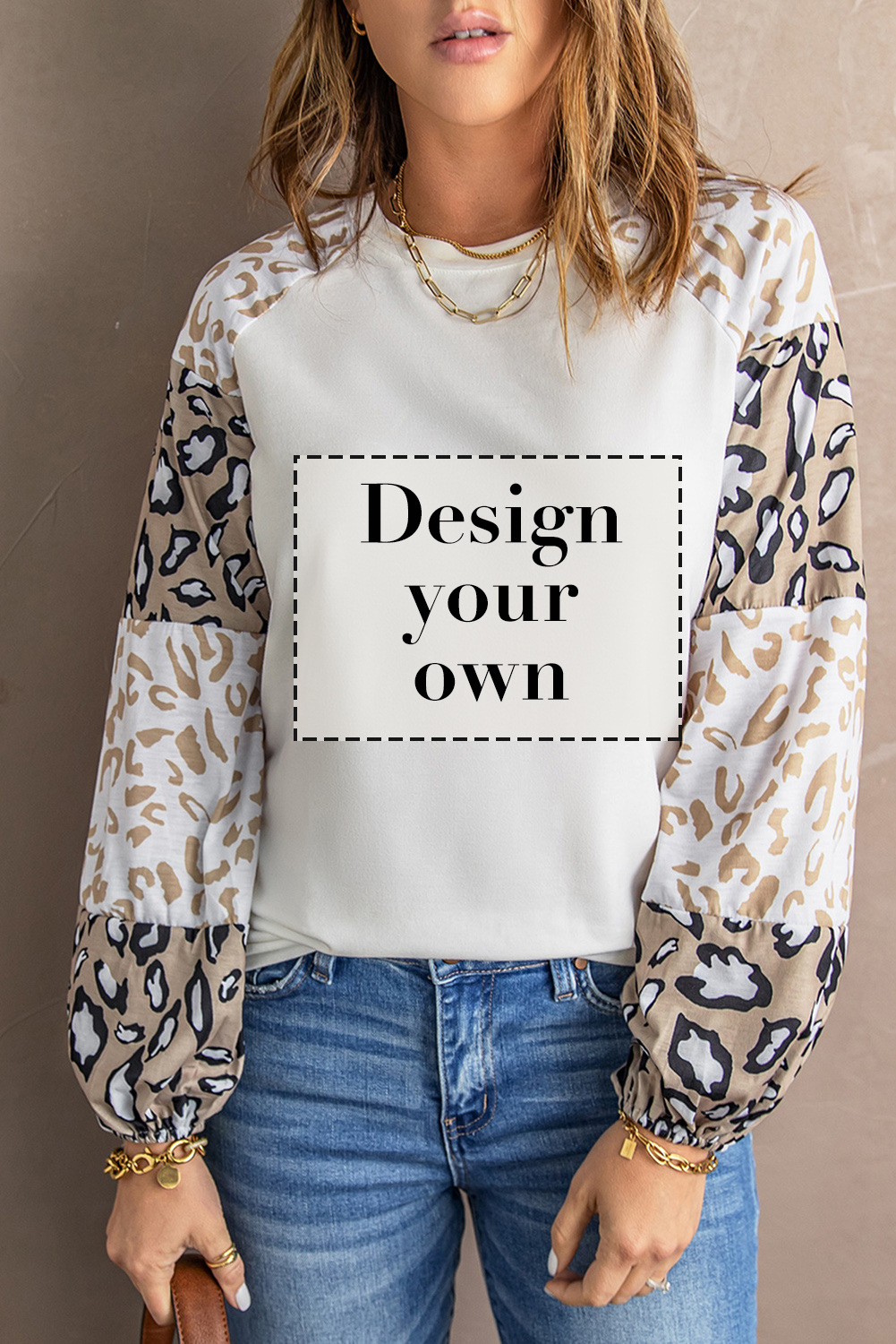 Blank Sweatshirt - Ivory Cheetah Print Lantern Sleeve Crew Neck Raglan Shirt Customized